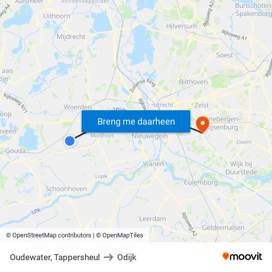 Oudewater, Tappersheul to Odijk map