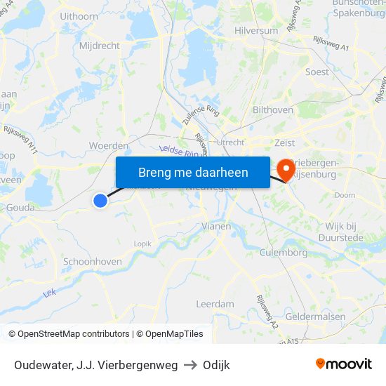 Oudewater, J.J. Vierbergenweg to Odijk map