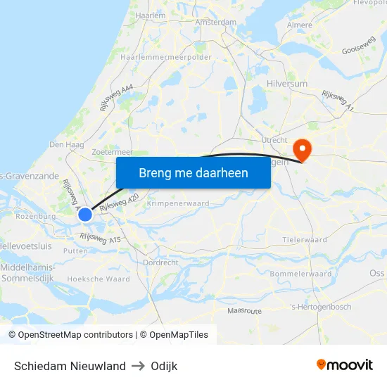Schiedam Nieuwland to Odijk map
