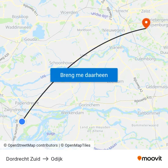 Dordrecht Zuid to Odijk map
