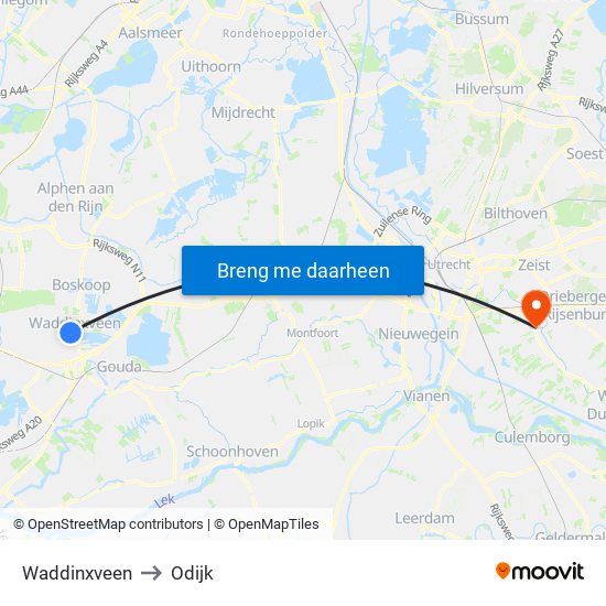Waddinxveen to Odijk map