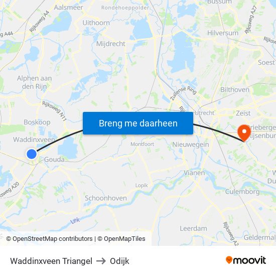 Waddinxveen Triangel to Odijk map