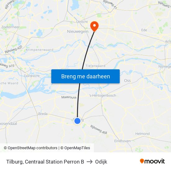 Tilburg, Centraal Station Perron B to Odijk map