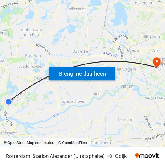 Rotterdam, Station Alexander (Uitstaphalte) to Odijk map