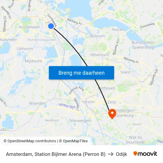 Amsterdam, Station Bijlmer Arena (Perron B) to Odijk map