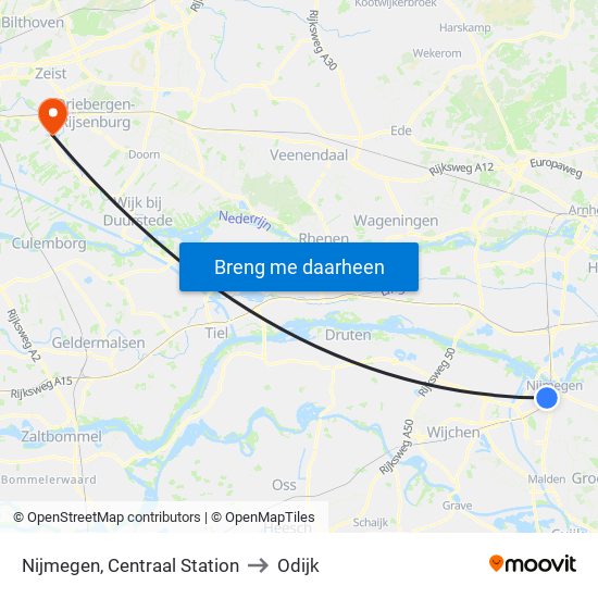 Nijmegen, Centraal Station to Odijk map