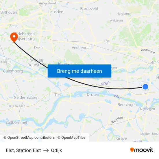 Elst, Station Elst to Odijk map