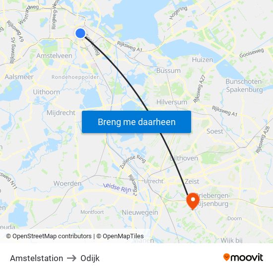 Amstelstation to Odijk map