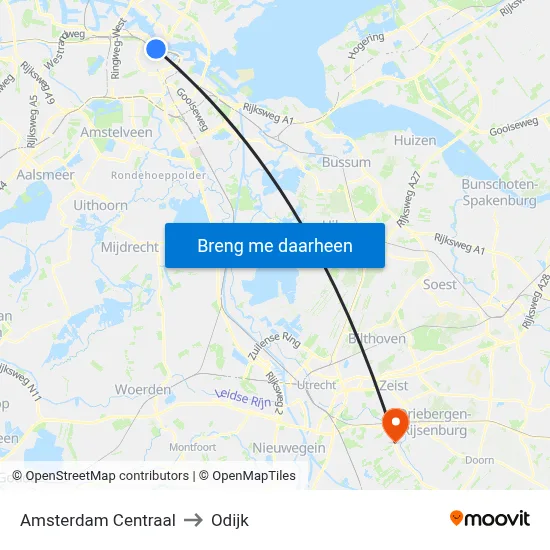 Amsterdam Centraal to Odijk map