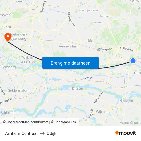 Arnhem Centraal to Odijk map