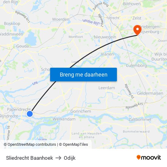 Sliedrecht Baanhoek to Odijk map