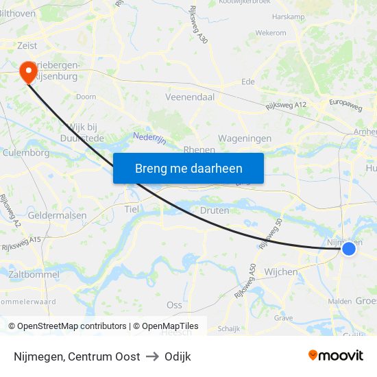 Nijmegen, Centrum Oost to Odijk map