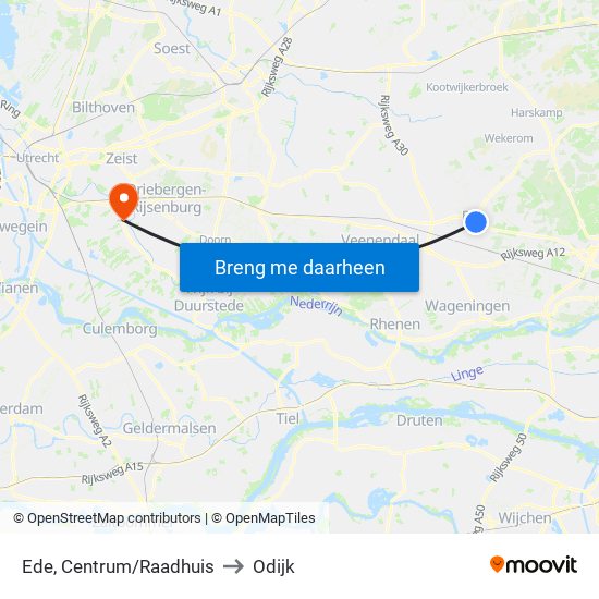 Ede, Centrum/Raadhuis to Odijk map