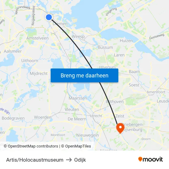 Artis/Holocaustmuseum to Odijk map