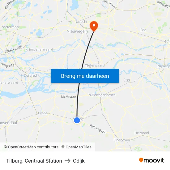 Tilburg, Centraal Station to Odijk map