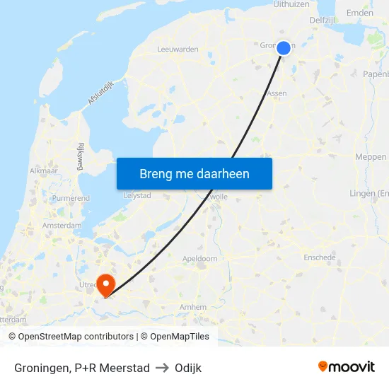 Groningen, P+R Meerstad to Odijk map