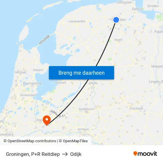 Groningen, P+R Reitdiep to Odijk map
