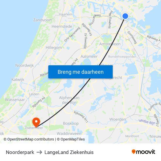 Noorderpark to LangeLand Ziekenhuis map