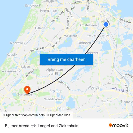 Bijlmer Arena to LangeLand Ziekenhuis map