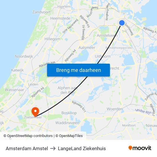 Amsterdam Amstel to LangeLand Ziekenhuis map