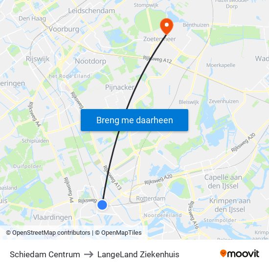 Schiedam Centrum to LangeLand Ziekenhuis map