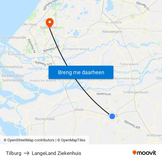 Tilburg to LangeLand Ziekenhuis map