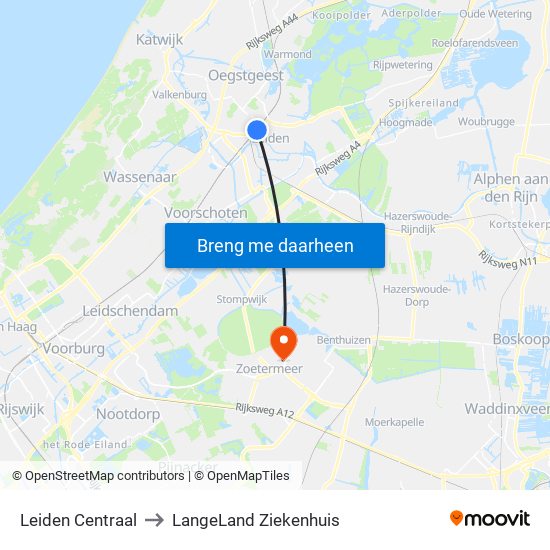 Leiden Centraal to LangeLand Ziekenhuis map