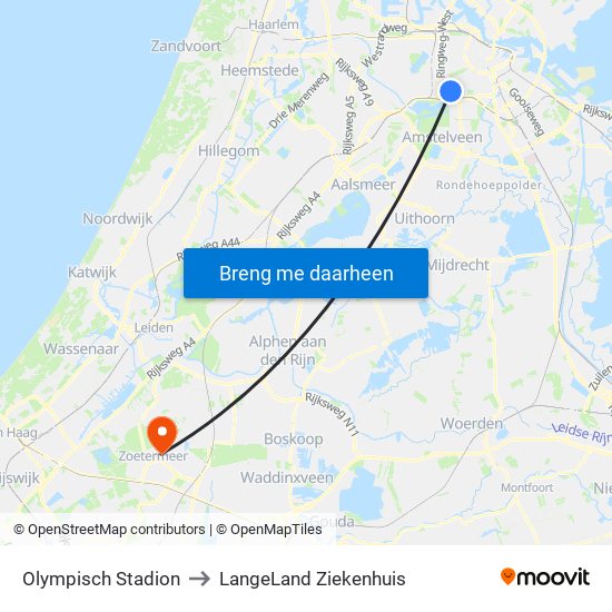 Olympisch Stadion to LangeLand Ziekenhuis map