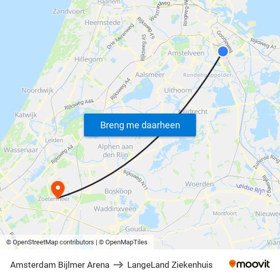 Amsterdam Bijlmer Arena to LangeLand Ziekenhuis map