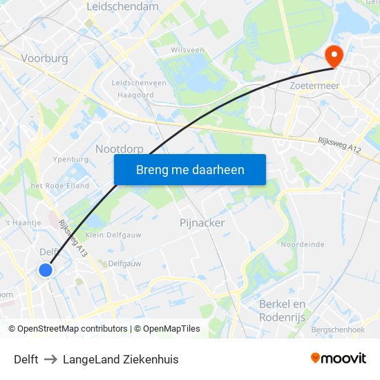 Delft to LangeLand Ziekenhuis map