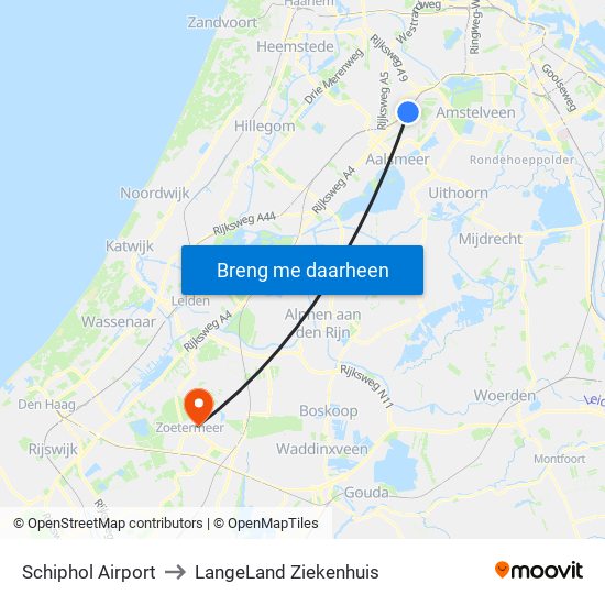 Schiphol Airport to LangeLand Ziekenhuis map