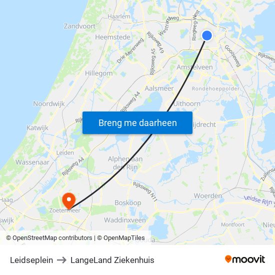 Leidseplein to LangeLand Ziekenhuis map