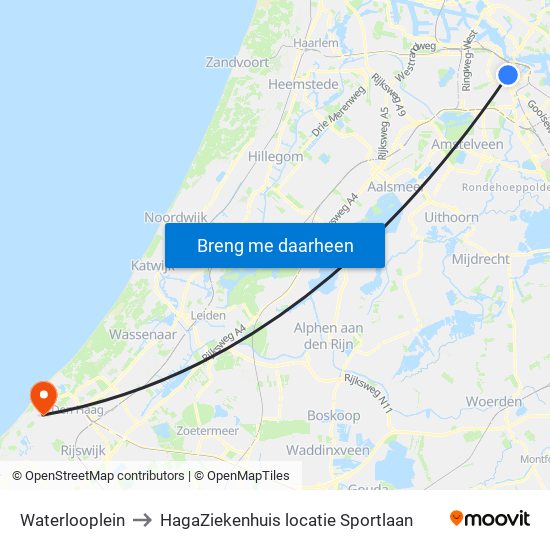 Waterlooplein to HagaZiekenhuis locatie Sportlaan map