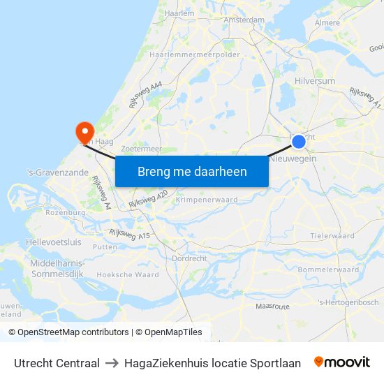 Utrecht Centraal to HagaZiekenhuis locatie Sportlaan map