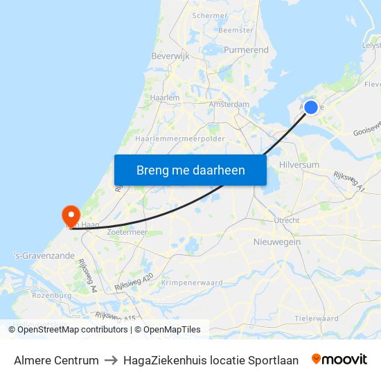 Almere Centrum to HagaZiekenhuis locatie Sportlaan map