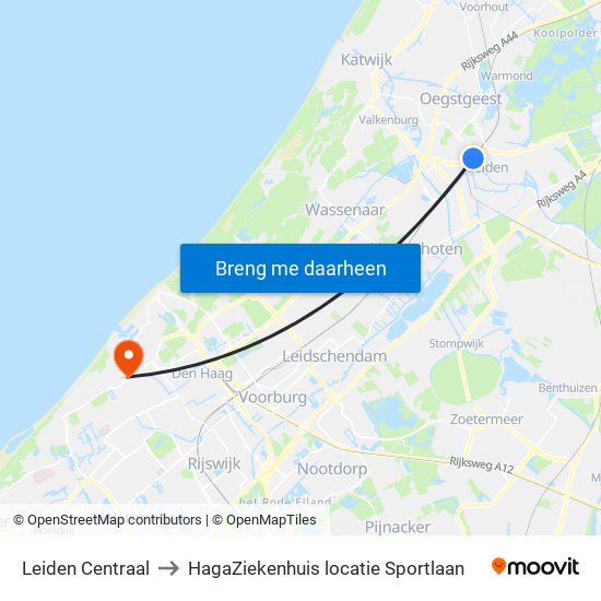Leiden Centraal to HagaZiekenhuis locatie Sportlaan map