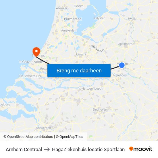 Arnhem Centraal to HagaZiekenhuis locatie Sportlaan map