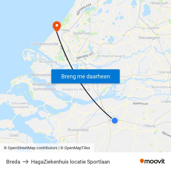Breda to HagaZiekenhuis locatie Sportlaan map