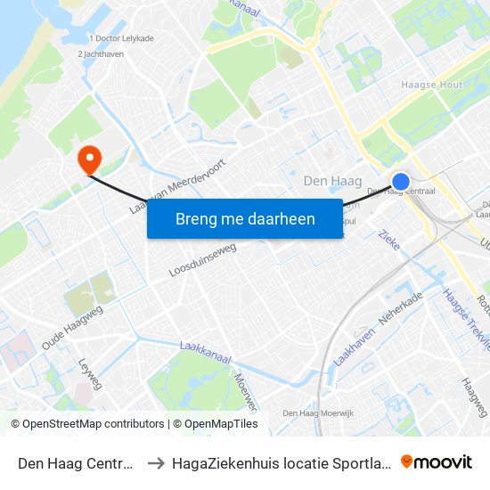 Den Haag Centraal to HagaZiekenhuis locatie Sportlaan map