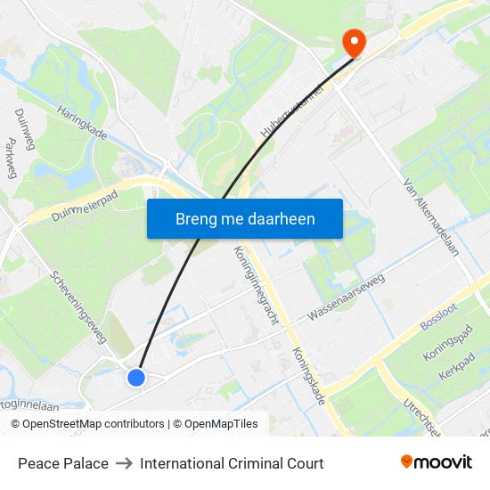 Peace Palace to International Criminal Court map