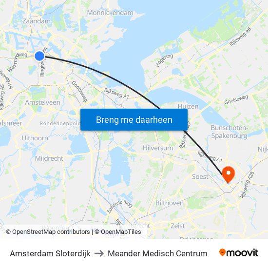 Amsterdam Sloterdijk to Meander Medisch Centrum map