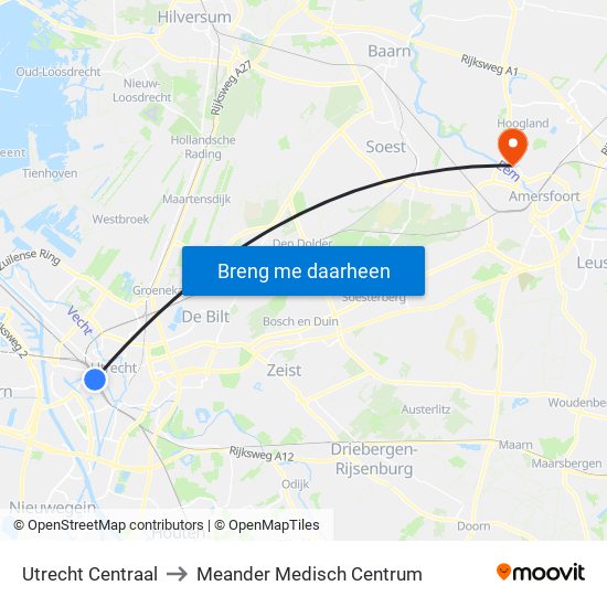 Utrecht Centraal to Meander Medisch Centrum map