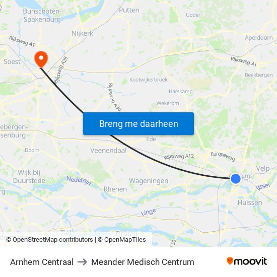 Arnhem Centraal to Meander Medisch Centrum map