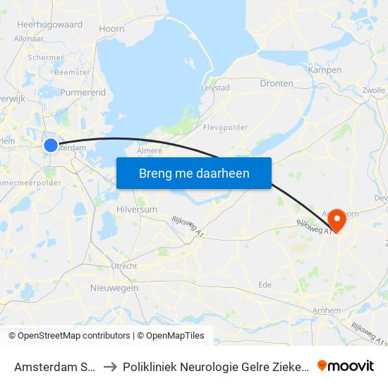 Amsterdam Sloterdijk to Polikliniek Neurologie Gelre Ziekenhuis Route 134 map