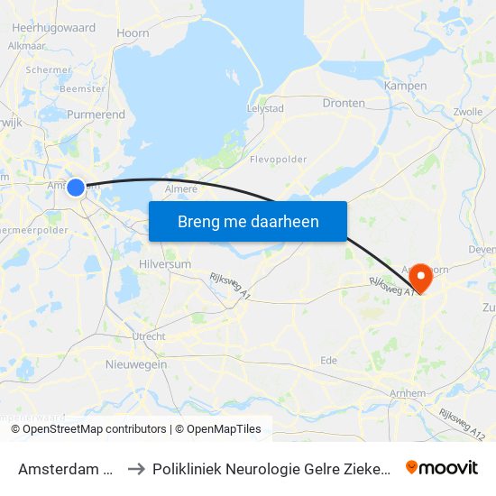 Amsterdam Centraal to Polikliniek Neurologie Gelre Ziekenhuis Route 134 map
