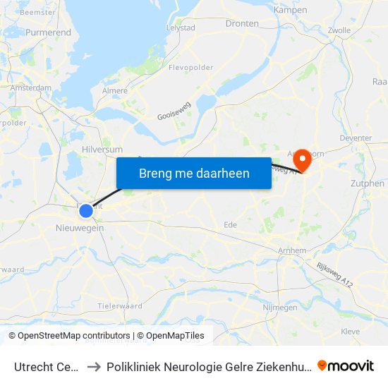 Utrecht Centraal to Polikliniek Neurologie Gelre Ziekenhuis Route 134 map