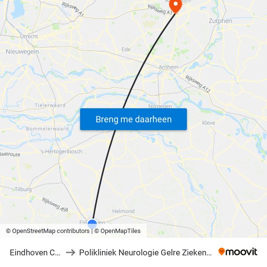 Eindhoven Centraal to Polikliniek Neurologie Gelre Ziekenhuis Route 134 map