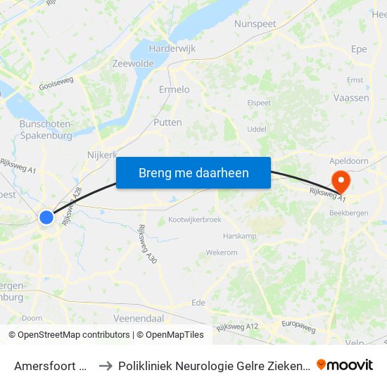 Amersfoort Centraal to Polikliniek Neurologie Gelre Ziekenhuis Route 134 map
