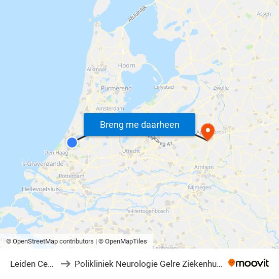 Leiden Centraal to Polikliniek Neurologie Gelre Ziekenhuis Route 134 map