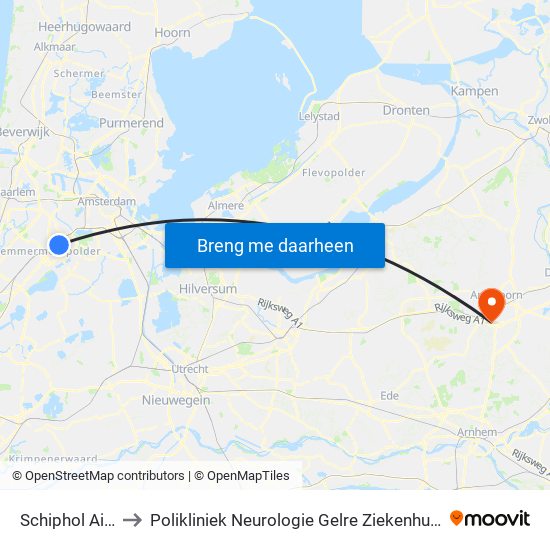 Schiphol Airport to Polikliniek Neurologie Gelre Ziekenhuis Route 134 map